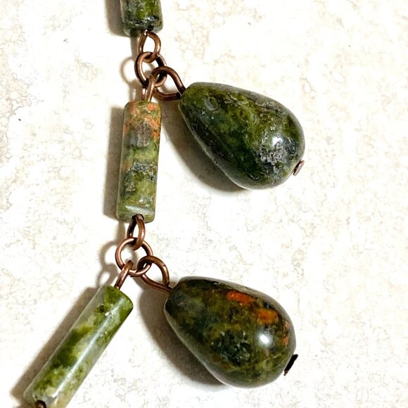 Rustic Natural Green Waterdrop Unakite Necklace, Genuine Gemstone + Copper Chain - Picture 5 of 12